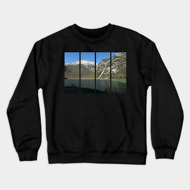 The fabulous alpine lake of Landro (Durrensee) in the Dolomites (Dobbiaco). Lovely place in the Italian Alps. Reflections in the water. Sunny spring day. Trentino Alto Adige Crewneck Sweatshirt by fabbroni-art